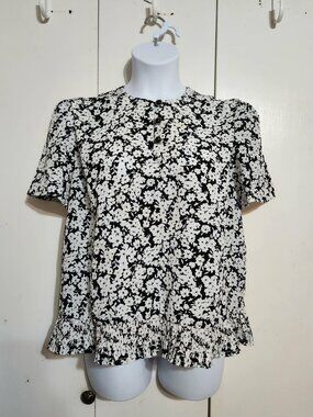 Vintage CB Collection Blouse 14WP Made in USA Black White Floral Smocked Hem